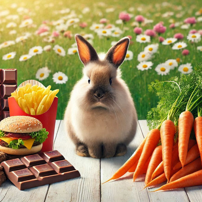 Hase zwischen Snacks und Karotten
